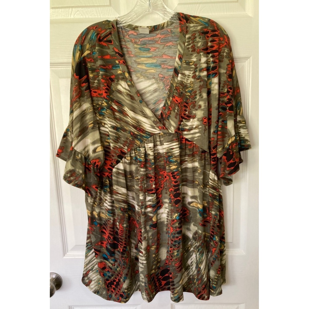 Women's 3X Long Top Plus Artsy Vibrant New No Tag V-Neck Short Sleeve Ruffle